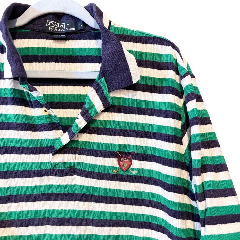 Polo Ralph Lauren Mens Green Navy Blue White Striped Golf Crest Polo Shirt L
